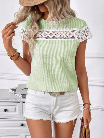 Women's Short Sleeve Lace Cutout Round Neck T-shirt