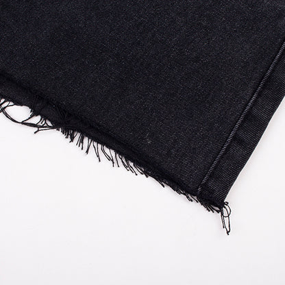 Women's Vintage Black Embroidered Raw Edge Denim Shorts
