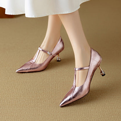 New High Heel Low-cut Pointed-toe Shoes Sheepskin Soft Banquet Temperament Mary Jane Shoes