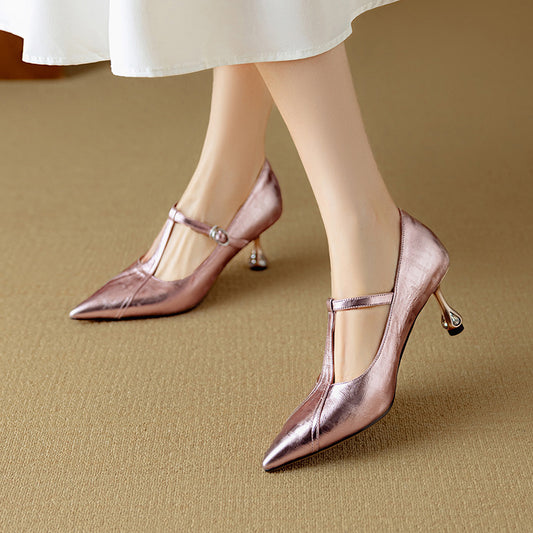 New High Heel Low-cut Pointed-toe Shoes Sheepskin Soft Banquet Temperament Mary Jane Shoes