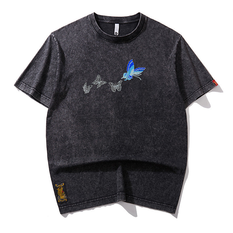 Men's Butterfly Embroidered Crew Neck Short-sleeved