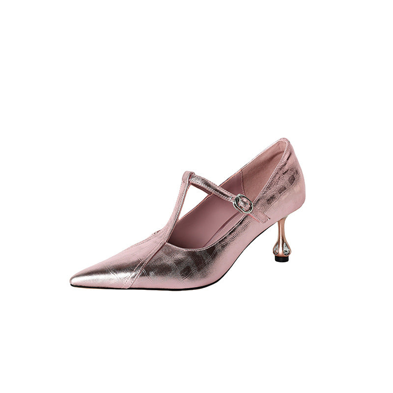 New High Heel Low-cut Pointed-toe Shoes Sheepskin Soft Banquet Temperament Mary Jane Shoes
