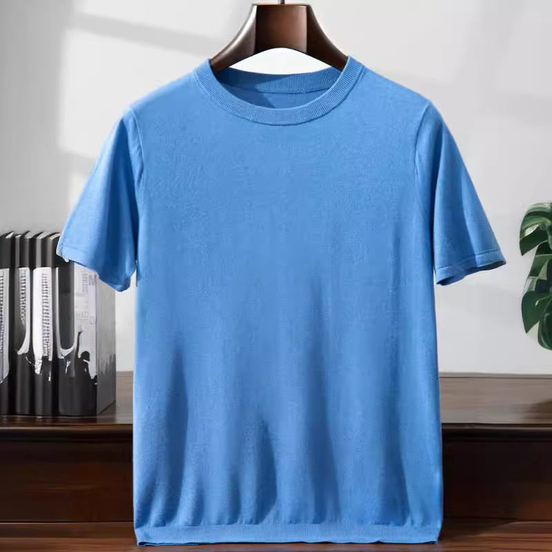 Summer Thin Men's Mulberry Silk Cashmere Knitted Short Sleeve Loose