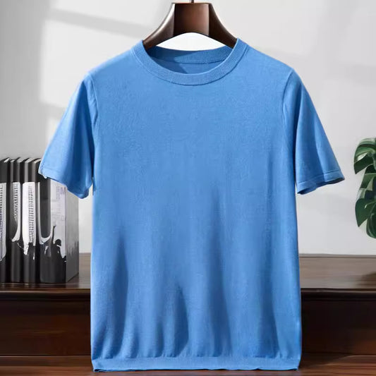 Summer Thin Men's Mulberry Silk Cashmere Knitted Short Sleeve Loose