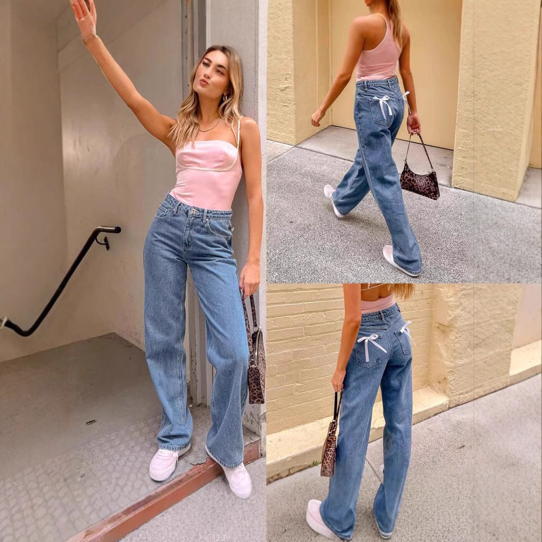 Women's High Waist Casual Bow Straight-leg Denim Trousers