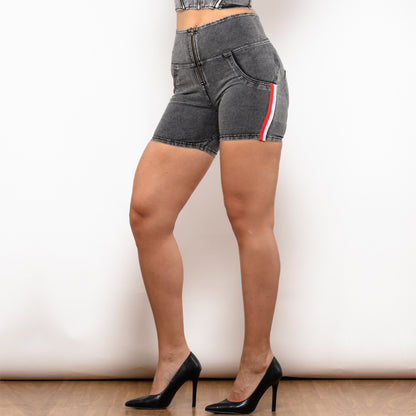 Shascullfites High Waist Grey Lift Jeggings Shorts With Stripe
