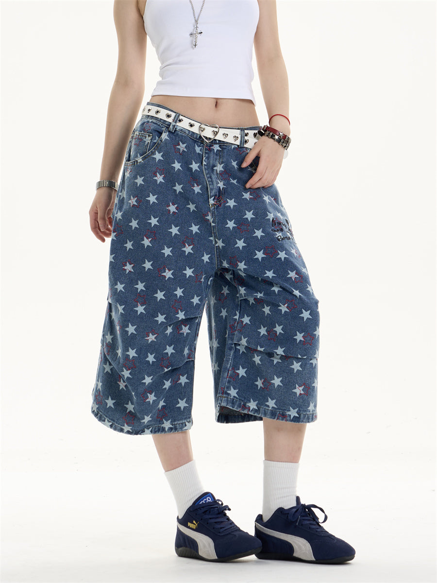 Printed Denim Cropped Loose Wide Leg Pants