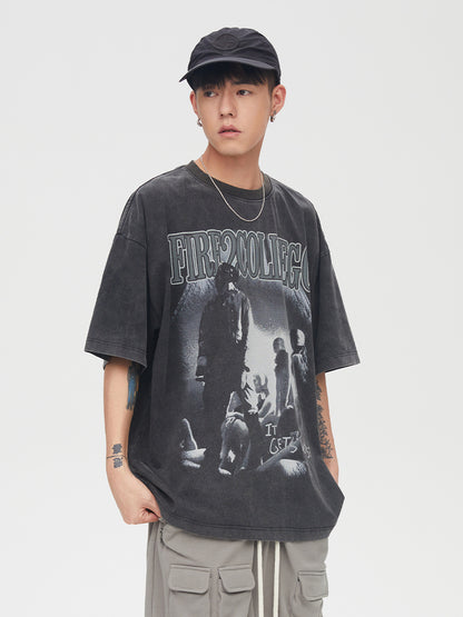 High Street Men's Washed Old Vintage Printed Short Sleeves