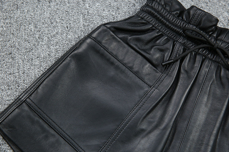 Drawstring Pocket Casual Leather Sheepskin Shorts