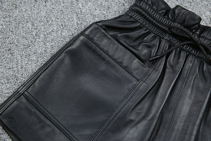Drawstring Pocket Casual Leather Sheepskin Shorts
