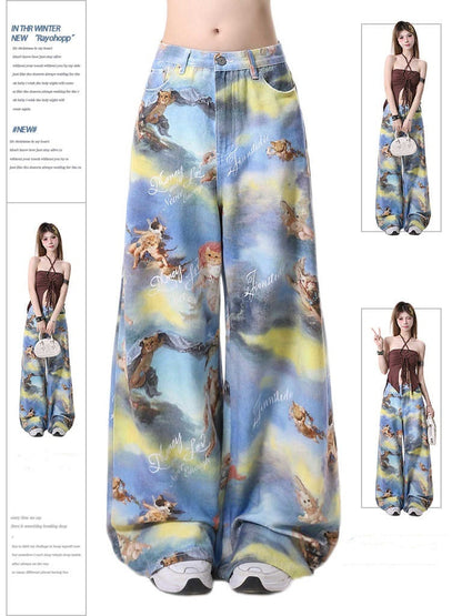 Casual Angel Kitten Oil Painting Printing Wide Leg Pants