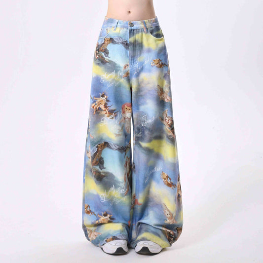 Casual Angel Kitten Oil Painting Printing Wide Leg Pants