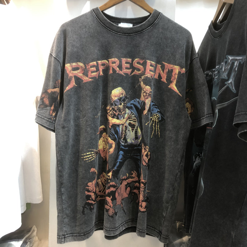 Skull Print Washed Distressed Hip Hop Loose Men's Short Sleeve T-Shirt