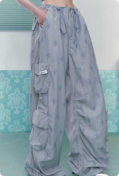 Multi Pocket Ice Print Drawstring Workwear Straight Leg Pants For Women