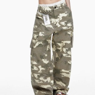 Imitation Sand Washed And Worn Faded White Multi Pocket Camouflage Jeans