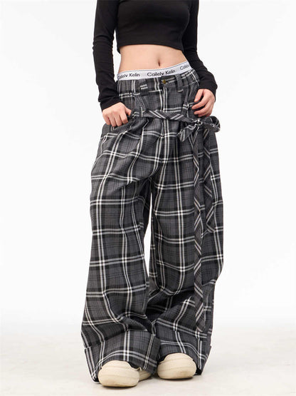 American-style Retro Plaid Ribbon Elastic Waist Wide-leg Pants