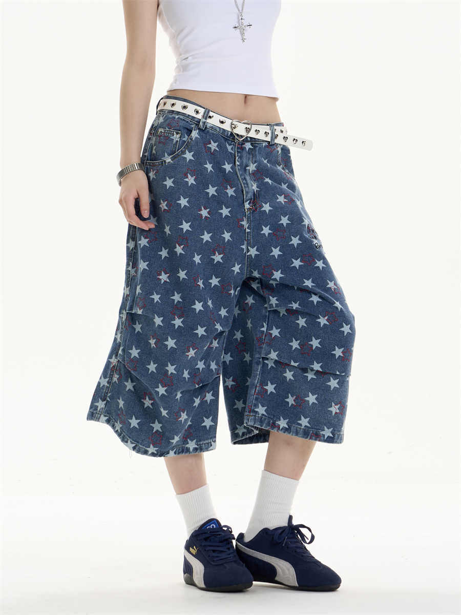 Printed Denim Cropped Loose Wide Leg Pants