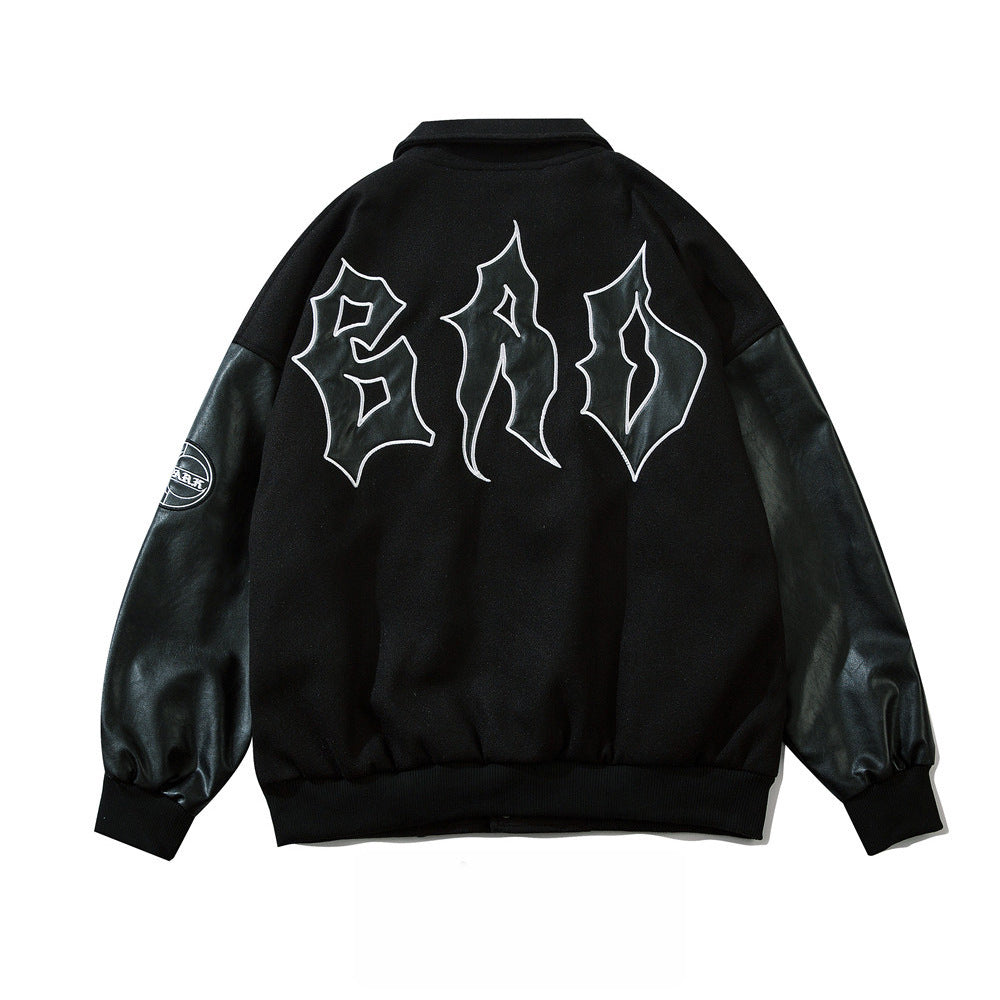 Men's Embroidered Letters PU Leather Sleeve Stitching Baseball Uniform