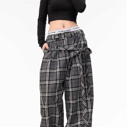 American-style Retro Plaid Ribbon Elastic Waist Wide-leg Pants