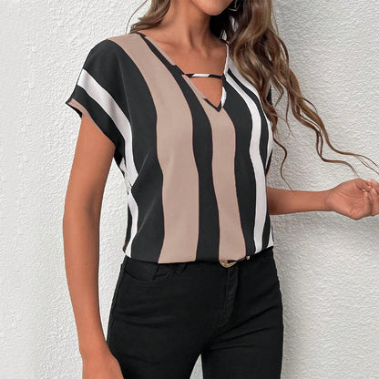 Summer Vacation Style European And American Striped Shirt V-neck Short Sleeve Pullover