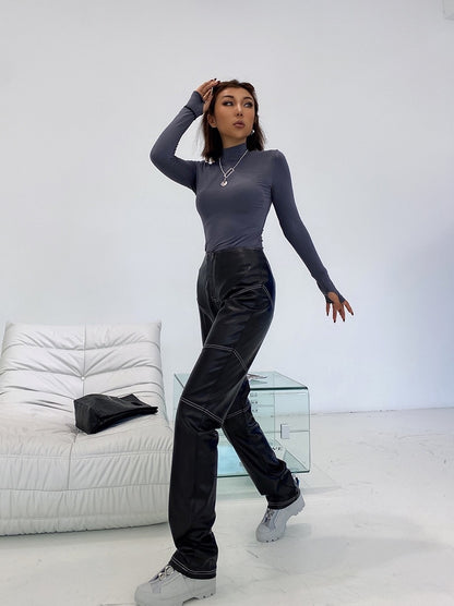 Fashion Stretch High-end Design Exposed Leather Pants