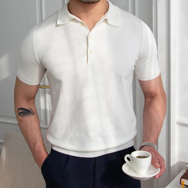 Knitted Polo Shirt Slim Fit Twisted Flower Lapel Micro Elastic Woolen Top