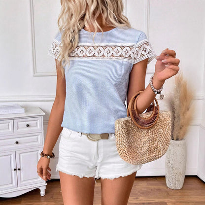 Women's Short Sleeve Lace Cutout Round Neck T-shirt