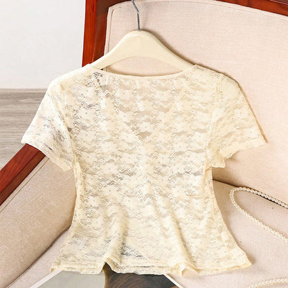 Female European And American Style Sexy Lace Shirt Short Sleeved
