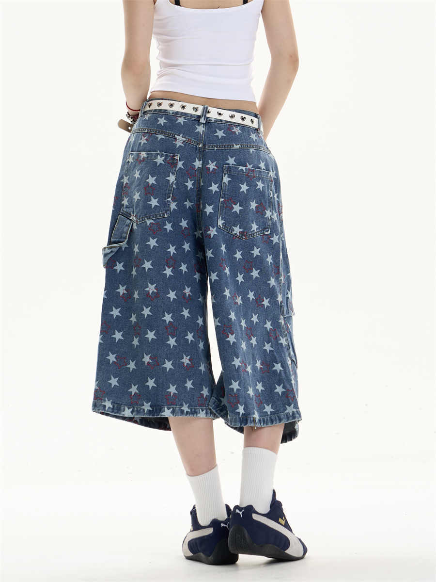Printed Denim Cropped Loose Wide Leg Pants