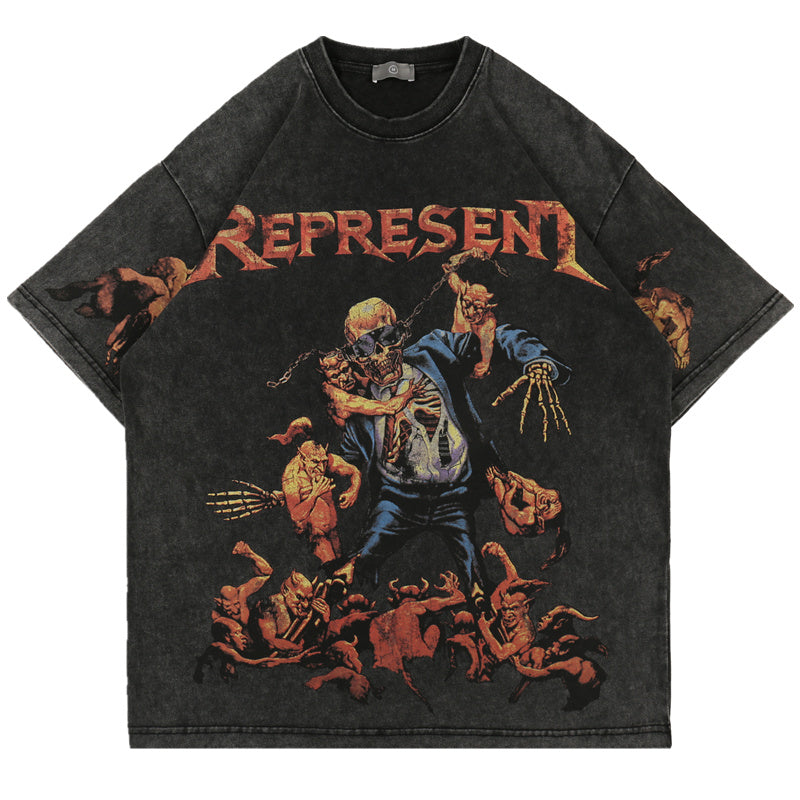 Skull Print Washed Distressed Hip Hop Loose Men's Short Sleeve T-Shirt