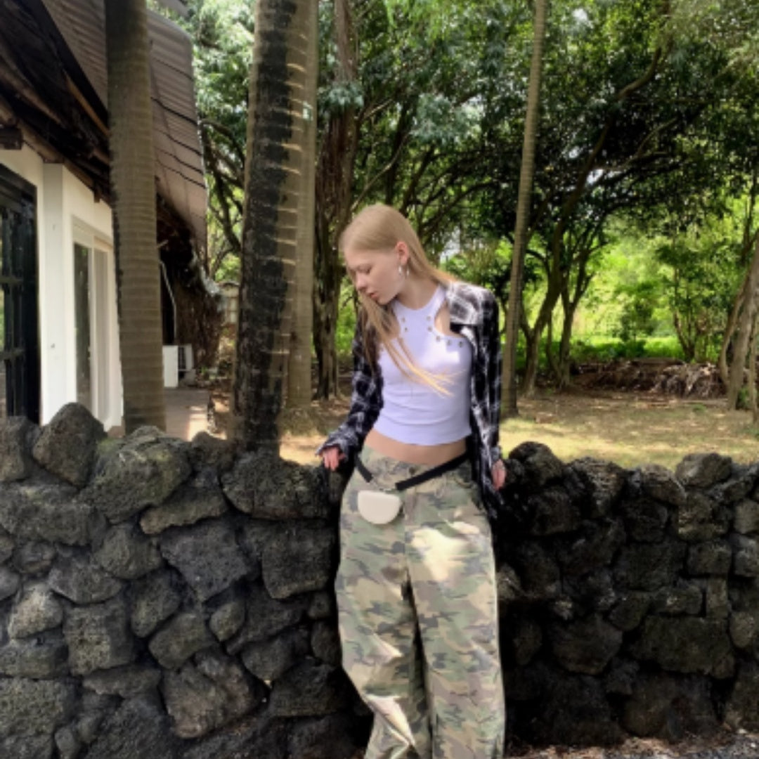 Wide Camouflage Drawstring Wide Leg Floor Pants Female