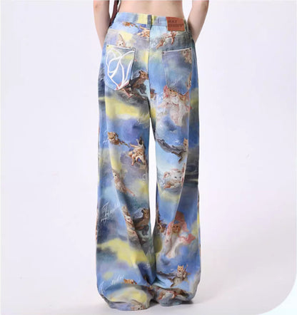 Casual Angel Kitten Oil Painting Printing Wide Leg Pants