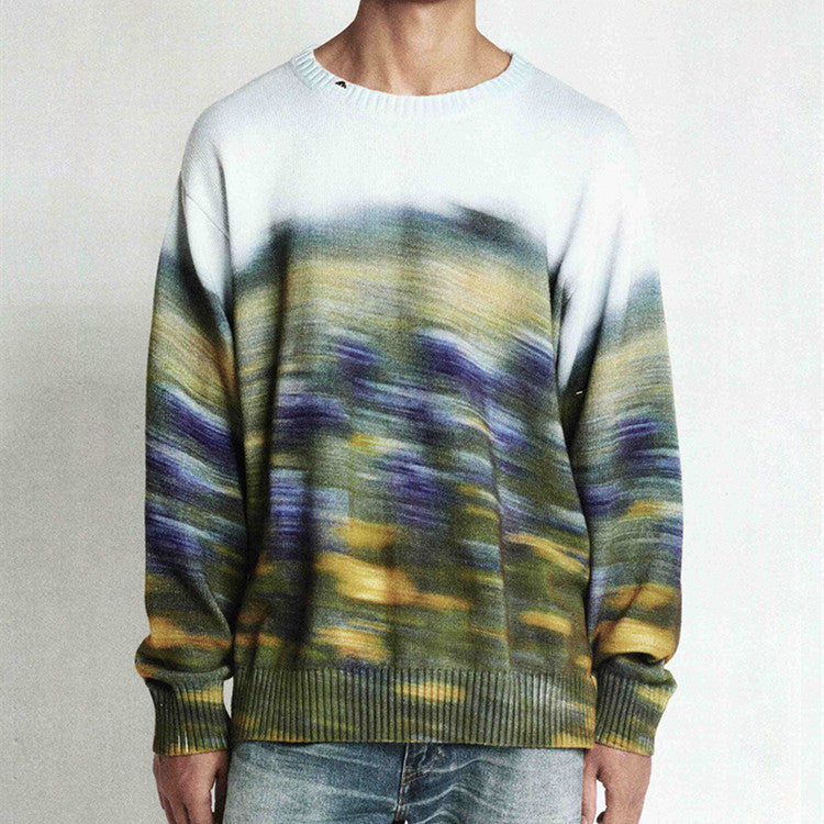 Men's And Women's Fashion Abstract Blue Hooded Flower Field Jumper Line