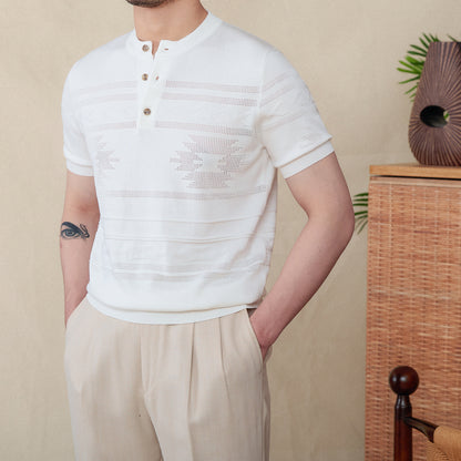 Jacquard Tencel Cotton Blended Knitted Henley Shirt Short-sleeved T-shirt